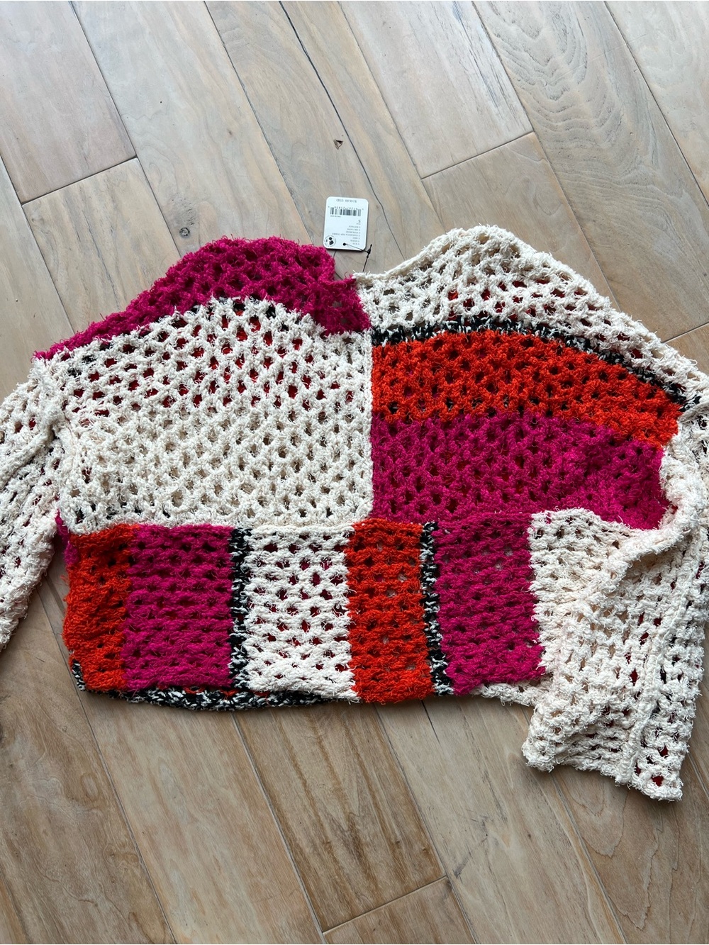 Free People Open-Knit Colorblock Crochet Sweater in Cream, Pink & Red